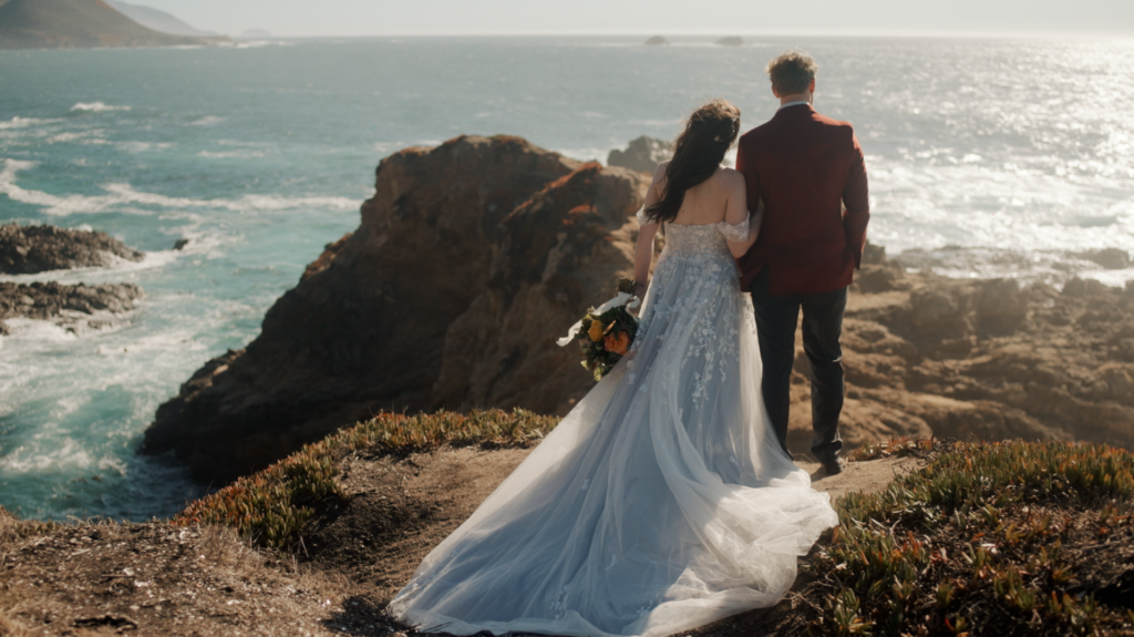 bride and groom overlooking scenic ocean cove