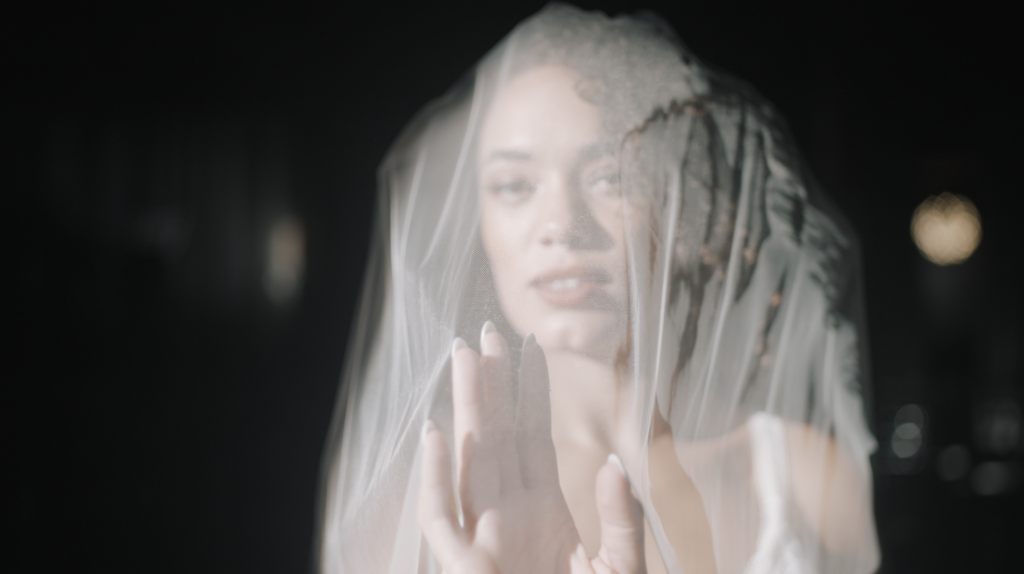 woman looking into the camera through a bridal veil